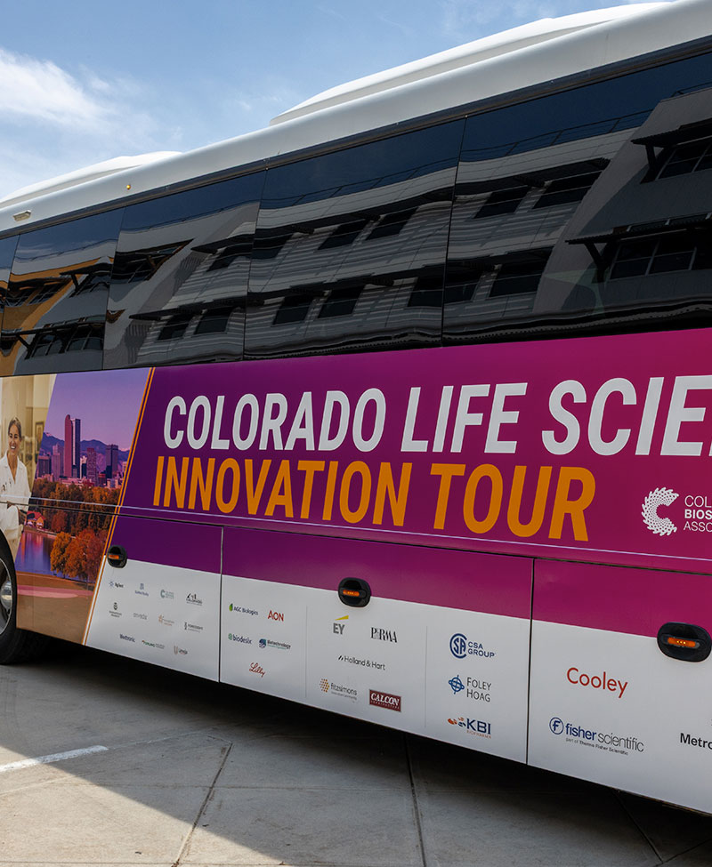 Photo of one of the Colorado Life Sciences Innovation Tour buses