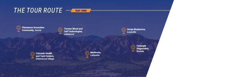 Map of Day 1 Tour stops from: DRIVE TO FIVE: Colorado Life Sciences Innovation Tour Map of Day 1 Tour stops from: DRIVE TO FIVE: Colorado Life Sciences Innovation Tour